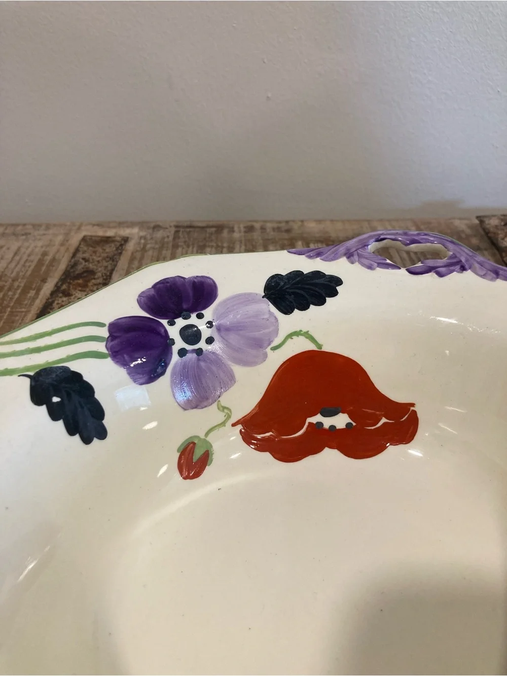 Hand-Painted Floral Ceramic Serving Bowl Purple & Red Flowers Made In England